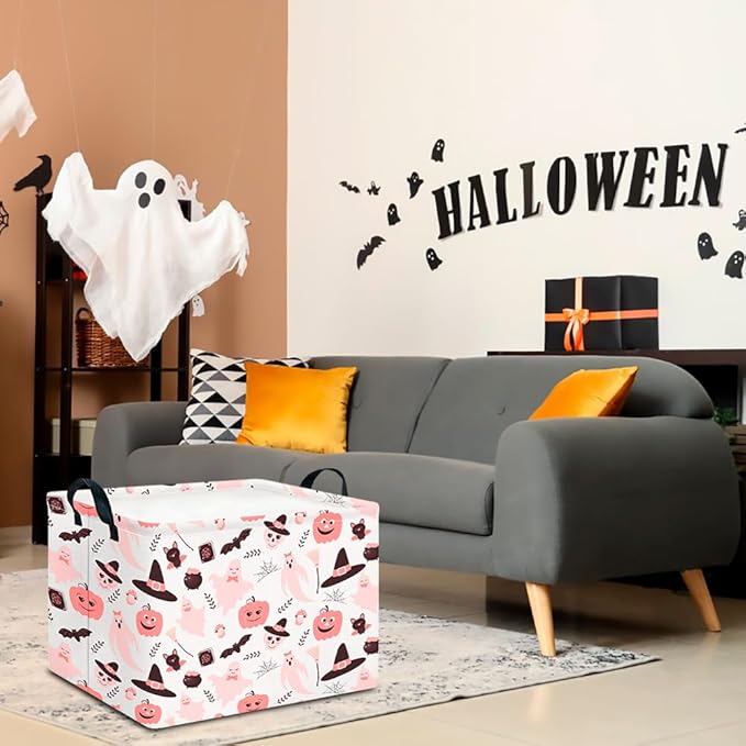 CLOCOR Rectangular Storage Basket Empty, Gift Basket for Halloween, Waterproof Storage Bin with Handles, Room Decor(Pink Bowknot Ghost)