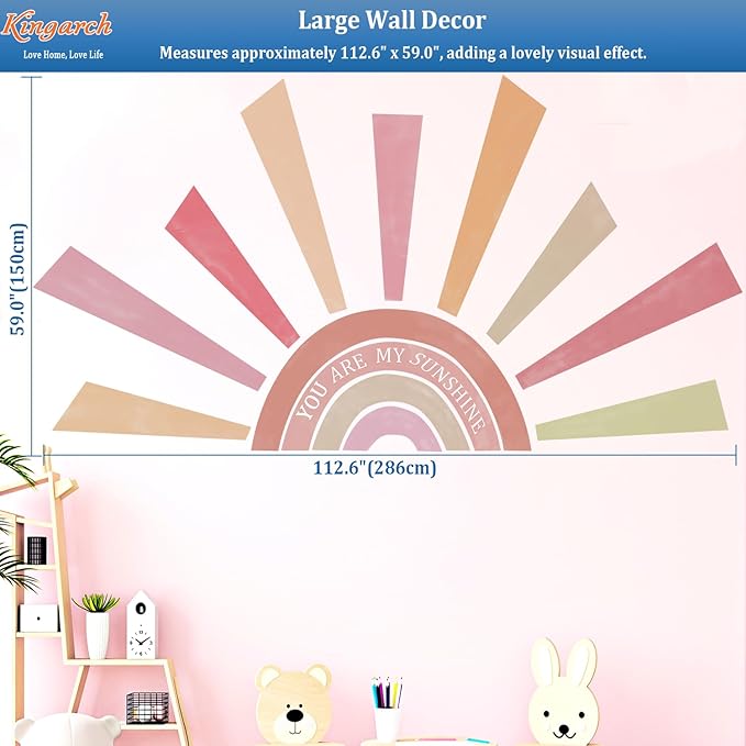 Large Rainbow Sun Wall Decals, Inspirational Peel and Stick Fabric Nursery Wall Decor, Removable Home Room Wall Decor Murals Stickers for Kids Girls Toddler Bedroom Living Room Playroom