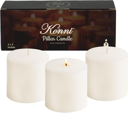 KONNI White Pillar Candles Set of 3, 3"x 3" Unscented Pillar Candles Bulk, 30 Hours Long Burning Candles, Smokeless&Dripless Large Round Candle for Wedding, Home Decoration, Parties, Spas, Dinner