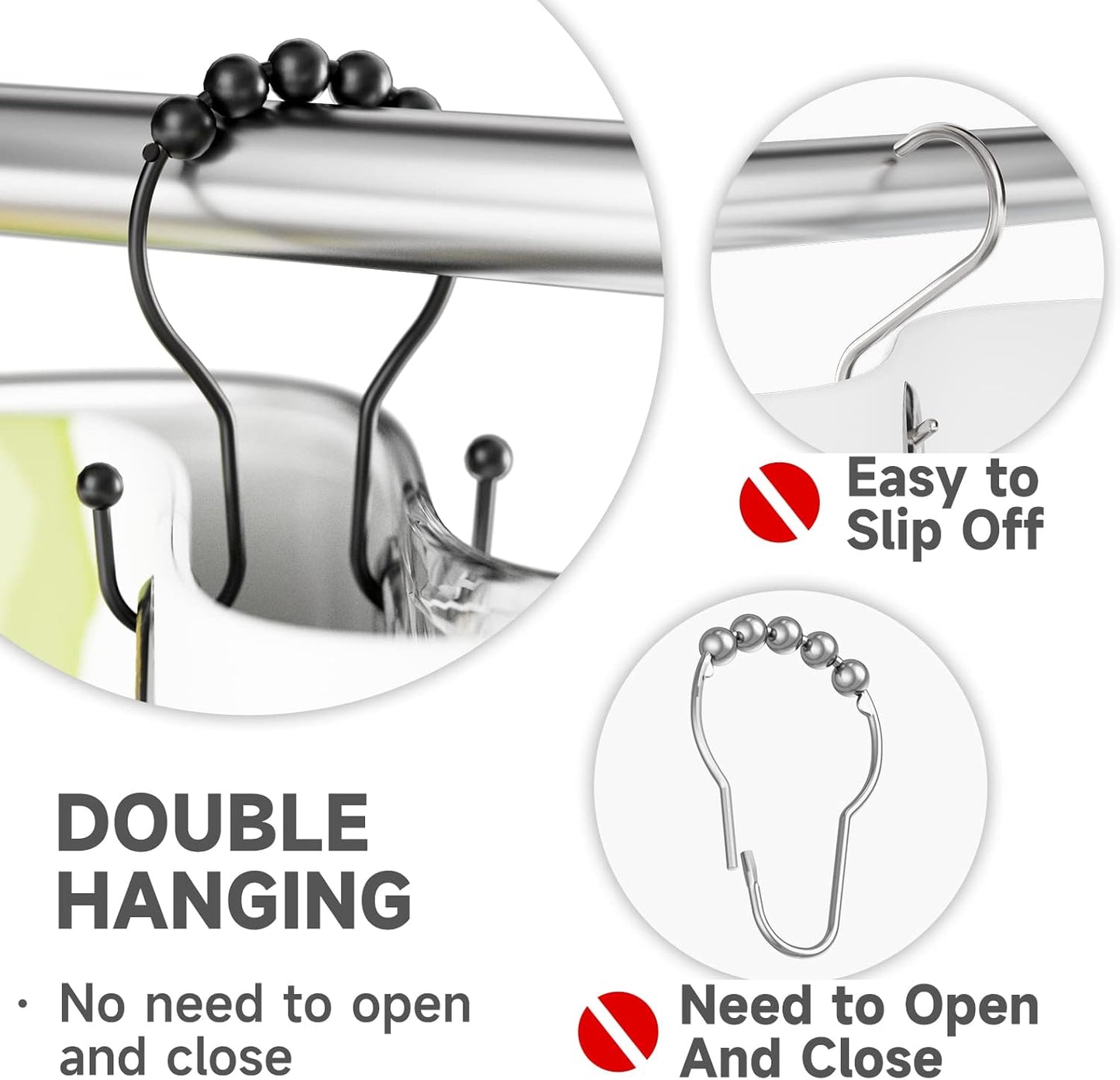Shower Curtain Hooks Shower Curtain Rings Black Shower Curtain Hooks RustProof Smooth Metal Double Shower Curtain Hook, Shower Hooks for Shower Curtain Liner Bathroom Shower Rod Hook