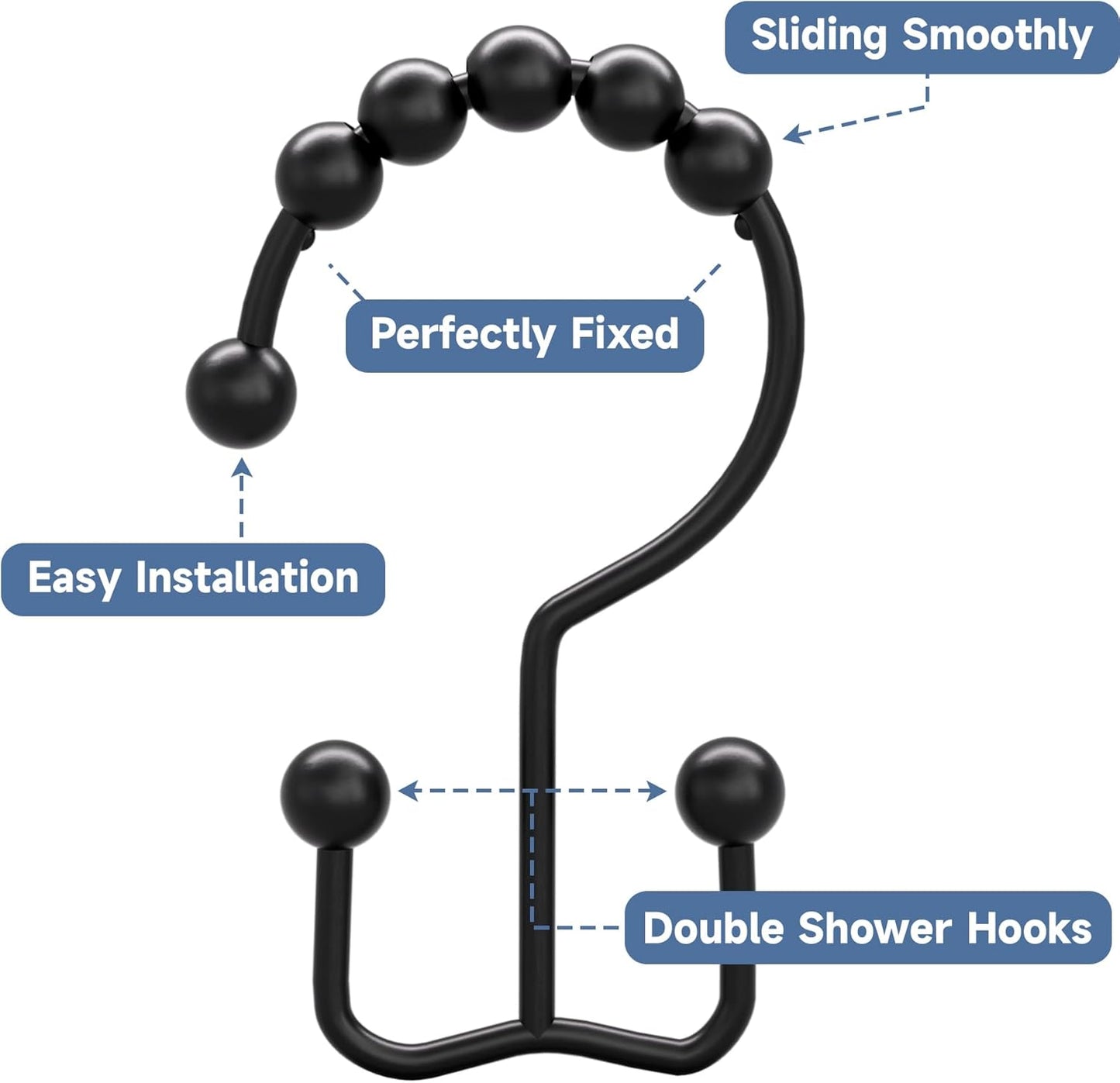 Titanker Black Shower Curtain Hooks Rings, Rust-Resistant Metal Double Glide Shower Hooks for Bathroom Shower Rods Curtains, Set of 12 Hooks - Matte Black