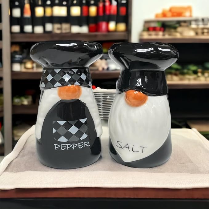 KARALIN Ceramic Salt & Pepper Shaker Sets Tabletop Accessories Cute Farmhouse Chef Design Housewarming gift with Gift Box ready (Black & White)