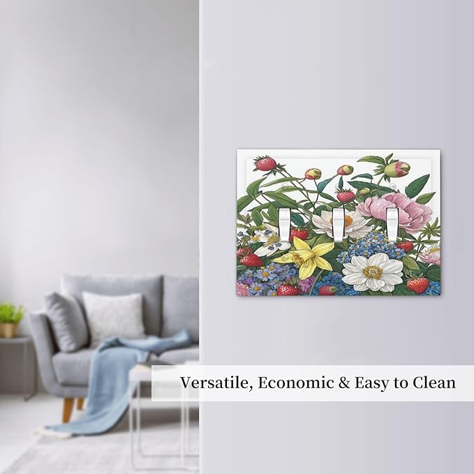 Spring Watercolor Flower Plant Strawberry Peony Floral Decorative Switch Plates 3 Gang Wall Plate Faceplate Electrical Wall Panels Triple Toggle Light Switch Cover for Bedroom living Room Decor