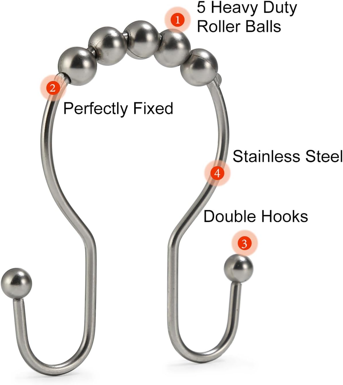 Goowin Shower Curtain Hooks, 12 Pcs Shower Curtain Rings, Stainless Steel Shower Curtain Hooks Rings Rust Proof, Smooth Sliding Anti-Drop Double Shower Hooks for Shower Curtain, Rods (Matte Nickel)