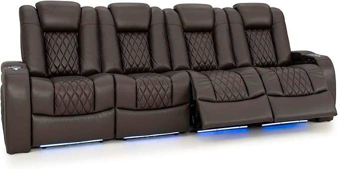 Seatcraft Diamante Zero-Gravity CoolZero Italian Leather Home Theater Seating, Power Headrest, Power Recline, Row of 4 Sofa, Brown