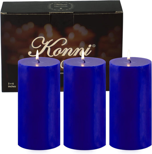 KONNI Classic Blue Pillar Candles Set of 3, 3"x 6" Unscented Pillar Candles Bulk, 56 Hours Long Burning Candles, Smokeless&Dripless Large Round Candle for Wedding, Home Decoration, Parties, Spas