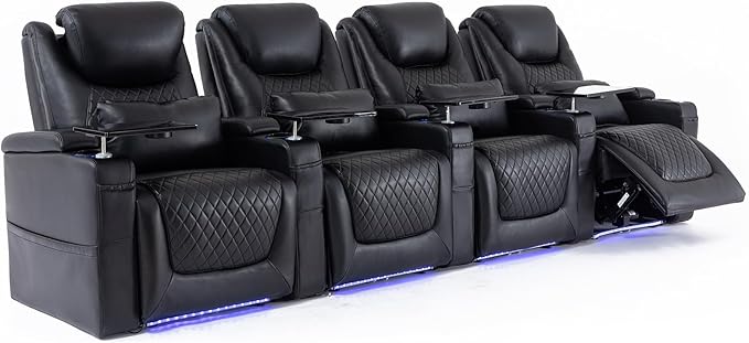 Home Theater Seating Seats, Theater Recliner Chair Sofa Game Movie Theater Chairs with 7 Colors Ambient Lighting, Lumbar Pillow, Side Pocket, Tray Table, Power Recline, Black