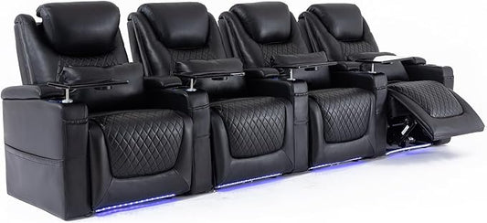 Home Theater Seating Seats, Theater Recliner Chair Sofa Game Movie Theater Chairs with 7 Colors Ambient Lighting, Lumbar Pillow, Side Pocket, Tray Table, Power Recline, Black