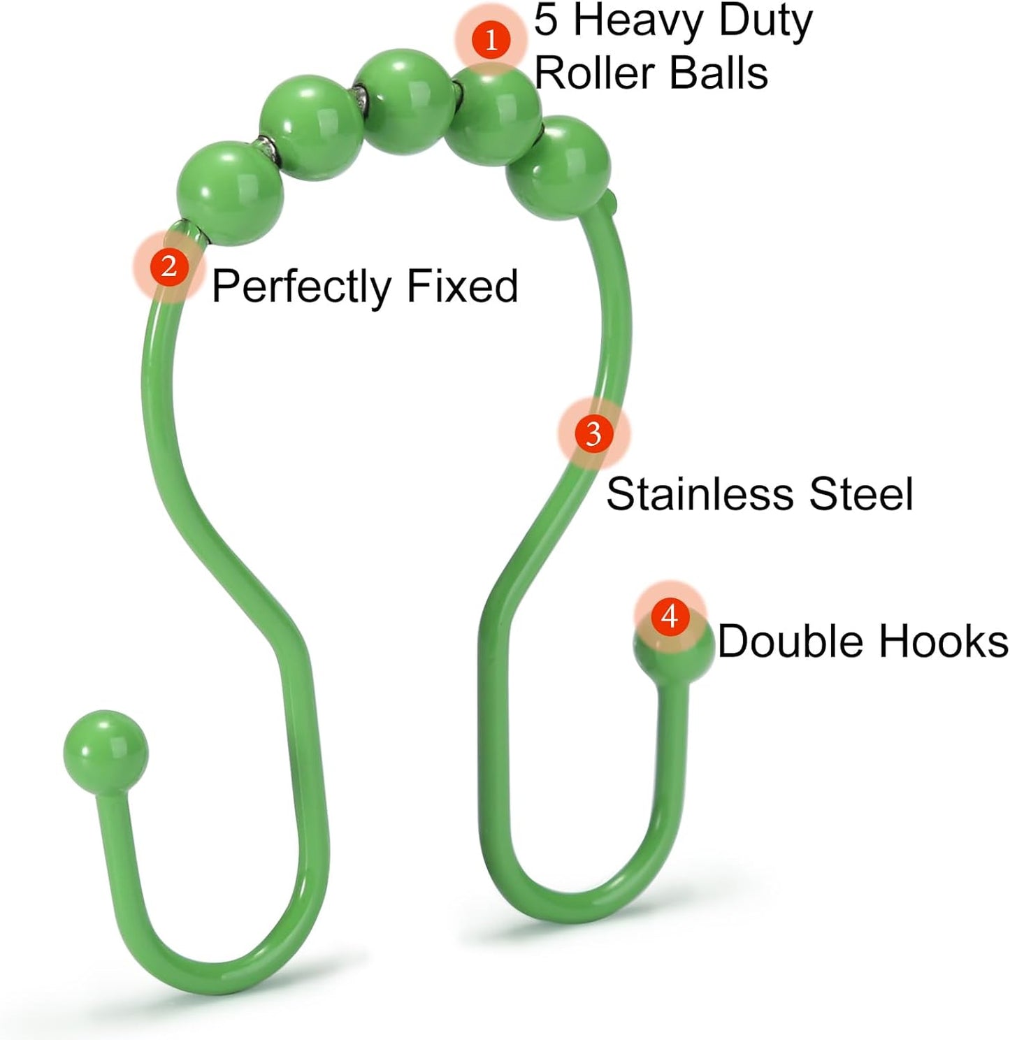Goowin Shower Curtain Hooks, 12 Pcs Shower Curtain Rings, Stainless Steel Shower Curtain Hooks Rings Rust Proof, Smooth Sliding Anti-Drop Double Shower Hooks for Shower Curtain, Rods (Green)