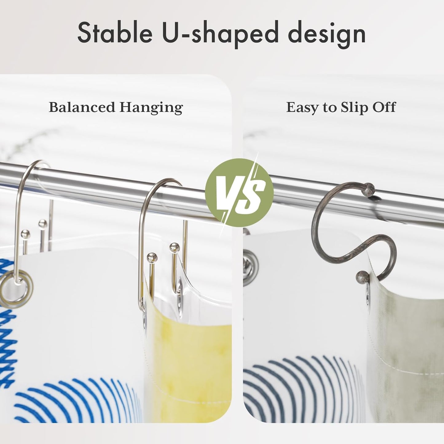 AmazerBath Shower Curtain Hooks, Nickel Shower Curtain Hooks Rust Proof, Non-Slip Simple Double Hook Shower Curtain Hooks for Shower Curtain, Sturdy Shower Curtain Rings, 12Pcs