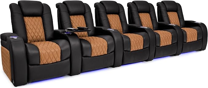 Seatcraft Diamante - Home Theater Seating - Living Room - Power Recline - Italian Leather - Powered Headrests - Cupholders - USB Charging - Ambient Lighting - Arm Storage, Black/Tan Oak, Row of 5