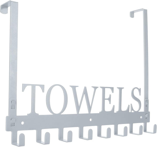 Over The Door Hooks, Heavy Duty Wall Mount Towel Hanger with 8 Hooks for Bedroom, Bathroom, Kitchen Towels, Silver