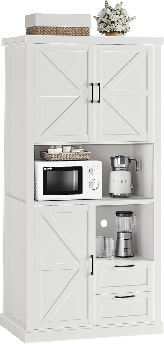 HOSTACK 76" Tall Farmhouse Kitchen Pantry Cabinet, Kitchen Hutch Bar Cabinet with Drawers & Shelves, Large Wood Storage Cabinets with Barn Doors & Microwave Stand, Cupboard for Dining Room, White
