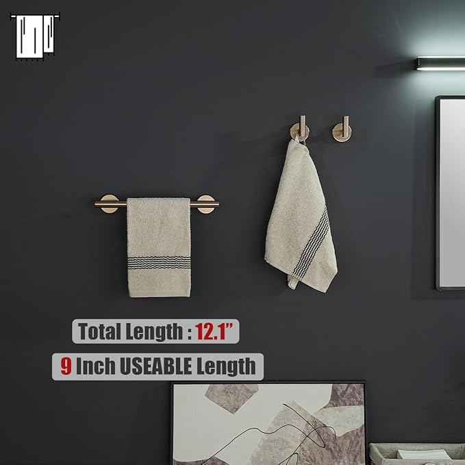 JQK Champagne Bronze Towel Bar, 12 Inch 304 Stainless Steel Thicken 0.8mm Towel Rack Bathroom, Towel Holder Wall Mount, Useable Length 9 Inch, TB110L9-CB
