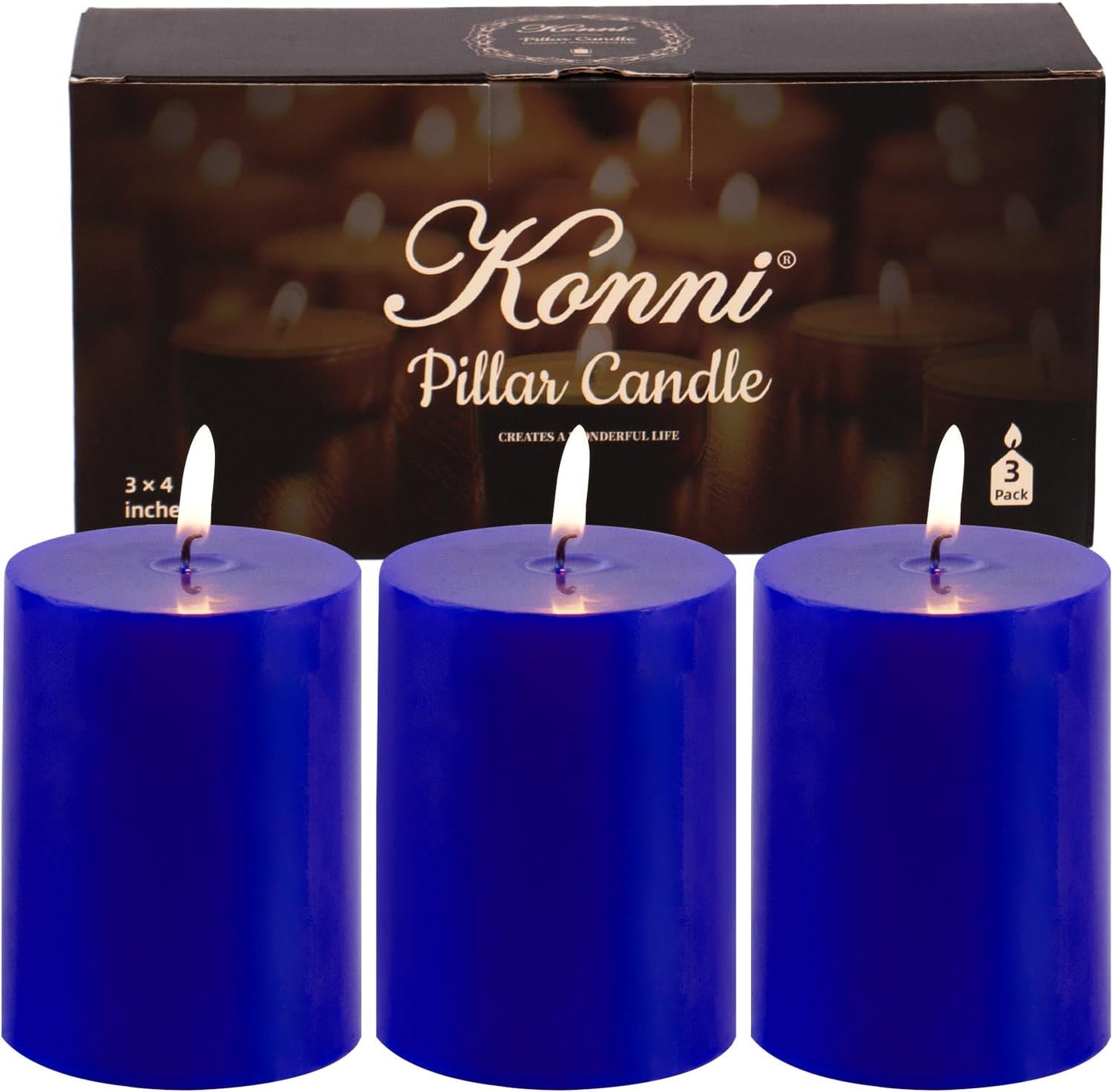 KONNI Classic Blue Pillar Candles Set of 3, 3"x 4" Unscented Pillar Candles Bulk, 42 Hours Long Burning Candles, Smokeless&Dripless Large Round Candle for Wedding, Home Decoration, Parties, Spas