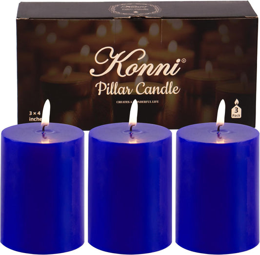 KONNI Classic Blue Pillar Candles Set of 3, 3"x 4" Unscented Pillar Candles Bulk, 42 Hours Long Burning Candles, Smokeless&Dripless Large Round Candle for Wedding, Home Decoration, Parties, Spas