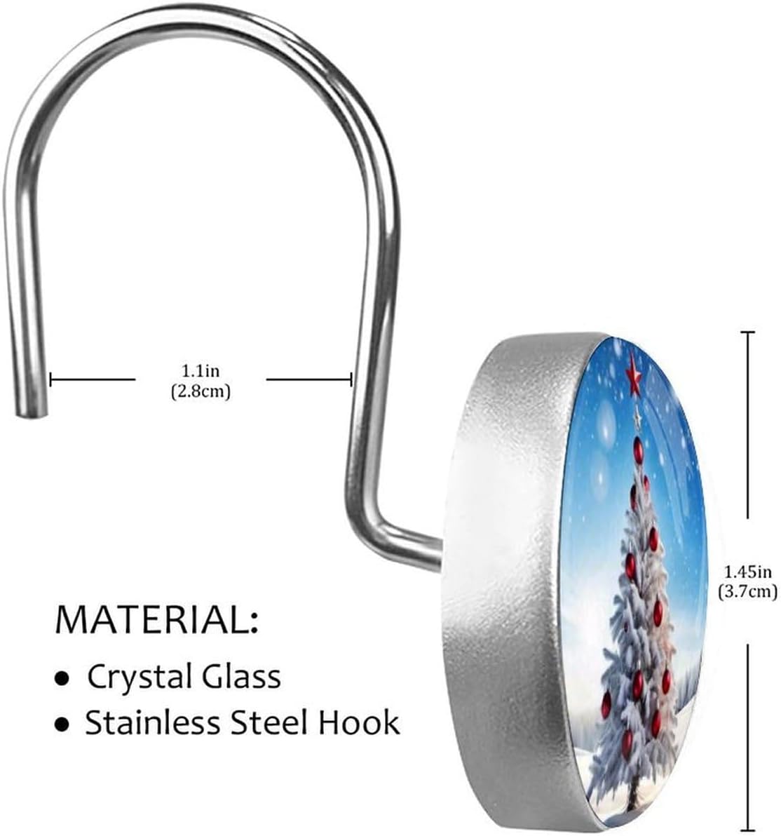 Christmas Tree Shower Curtain Hooks 12 Pcs, Xmas Tree Rust Proof Glass Surface Stainless Steel Curtain Rings for Bathroom Bedroom Living Room Kitchen Home Shower Rods Decor