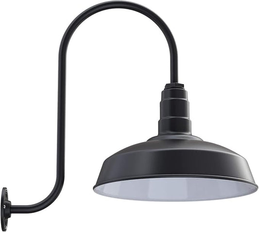 Steel Lighting Co. Gardena Barn Light | Outdoor Wall Mounted | 16" Dome | Upslope Gooseneck | Farmhouse Light Made in America | Matte Black Exterior/White Interior