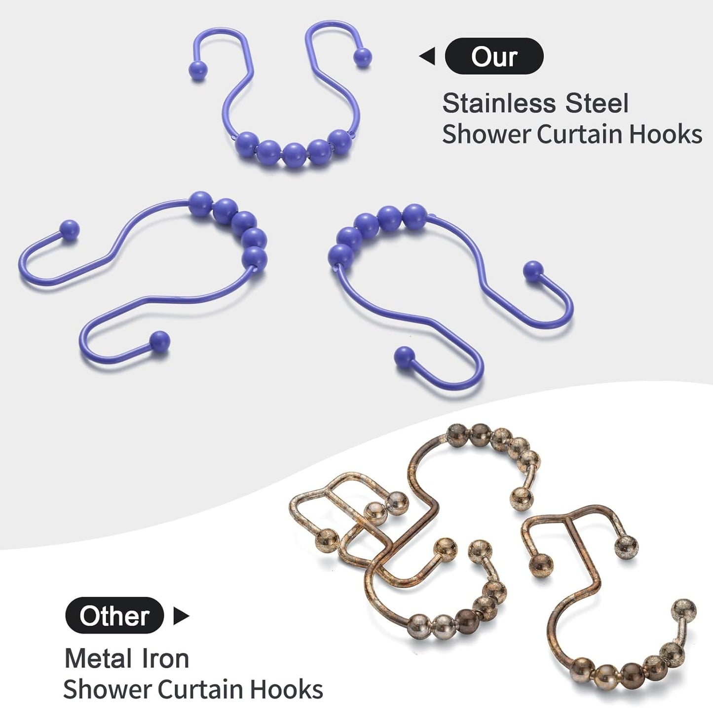 Goowin Shower Curtain Hooks, 12 Pcs Shower Curtain Rings, Stainless Steel Shower Curtain Hooks Rings Rust Proof, Smooth Sliding Anti-Drop Double Shower Hooks for Shower Curtain, Rods (Purple)
