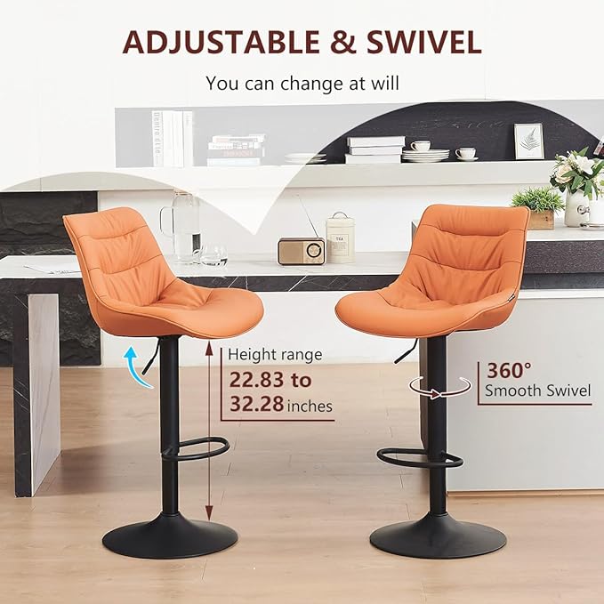 Kidol & Shellder Bar Stools Set of 2 Adjustable Swivel Orange, PU Leather Upholstered with Back, Modern Counter Height Stools for Kitchen Island, Home Bar