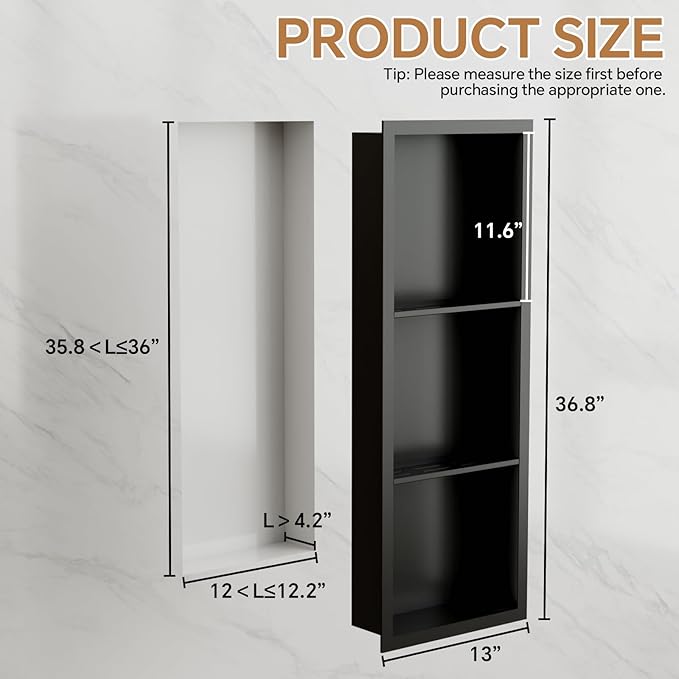3-Tier Stainless Steel Shower Niche Insert, 36'' * 12'' No Tile Needed Bathroom Niche for Shower Wall, Recessed Wall Cabinet Shelves for Drywall, Living Room, in Wall Shower Shelves, Black