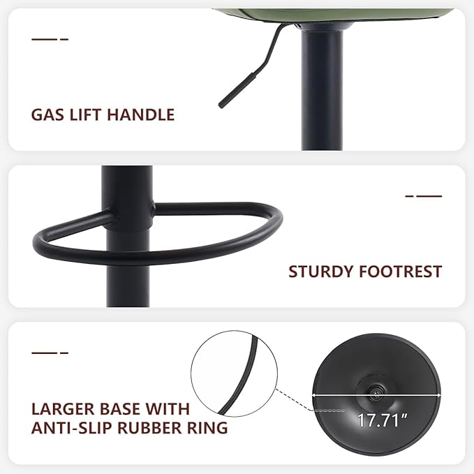 Kidol & Shellder Bar Stools Set of 2 Adjustable Swivel Green, PU Leather Upholstered with Back, Modern Counter Height Stools for Kitchen Island, Home Bar