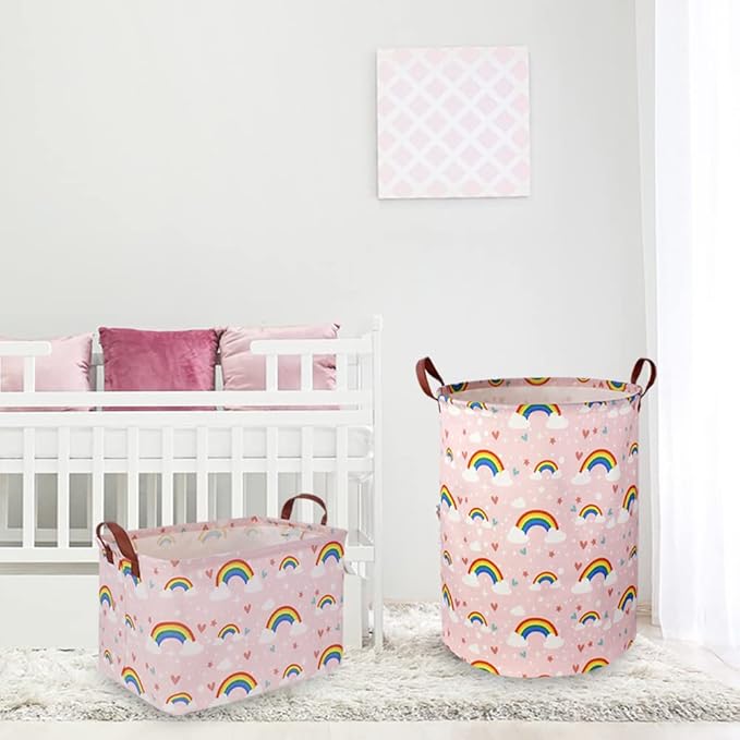 Pink Rainbow Laundry Hamper,Baby Nursery Hamper,Kids Toy Storage Basket for Girls Bedroom,Gift Basket,Room Decor(Rainbow)