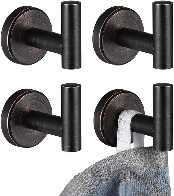 JQK Bathroom Towel Hook Oil Rubbed Bronze, 304 Stainless Steel 0.8mm Coat Robe Clothes Hook for Bathroom Kitchen Garage Wall Mounted (Pack of 4), TH100-ORB-P4