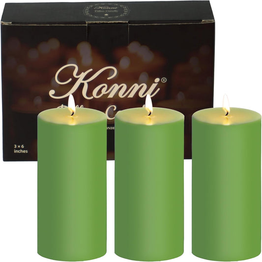 KONNI Green Pillar Candles Set of 3, 3"x 6" Unscented Pillar Candles Bulk, 56 Hours Long Burning Candles, Smokeless&Dripless Large Round Candle for Wedding, Home Decoration, Parties, Spas, Dinner