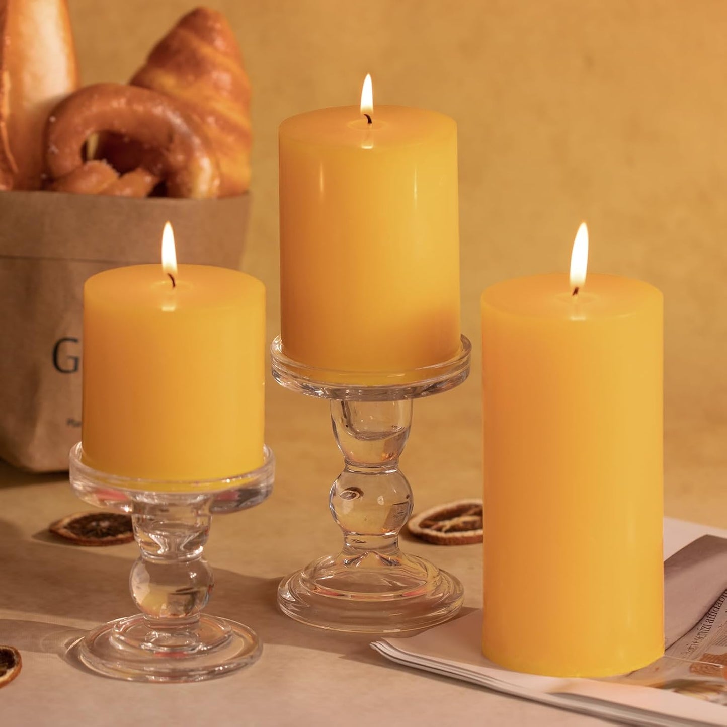 KONNI Yellow Pillar Candles Set of 3, 3"x 6" Unscented Pillar Candles Bulk, 56 Hours Long Burning Candles, Smokeless&Dripless Large Round Candle for Wedding, Home Decoration, Parties, Spas, Dinner