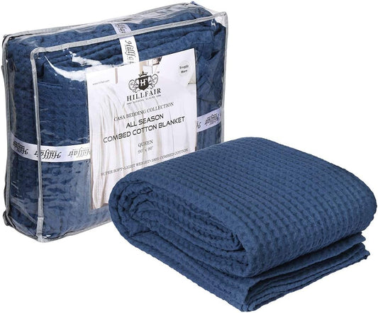 HILLFAIR 100% Combed Cotton Blanket–102x108 Inch California King Size Bed Blankets– Warm Soft All Season Breathable Blankets– Extra Large Oversized California King Blanket- Navy Blue Cotton Blankets