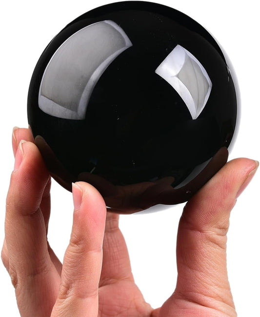 JIC Gem Small Black Crystal Ball - Obsidian Sphere with Wooden Stand for Feng Shui Healing, Meditation (70-80mm)