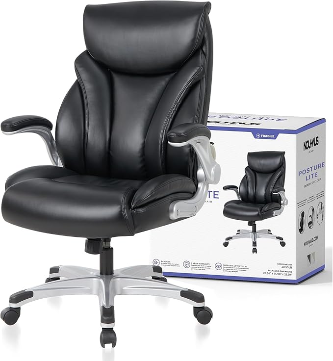 Nouhaus Big and Tall Desk Office Chair with Lumbar Support, High Back PU Leather Ergonomic Office Chair, Executive Desk Chair Computer Chairs with Adjustable Flip-up Armrests (Posture Lite,Black)