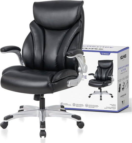Nouhaus Big and Tall Desk Office Chair with Lumbar Support, High Back PU Leather Ergonomic Office Chair, Executive Desk Chair Computer Chairs with Adjustable Flip-up Armrests (Posture Lite,Black)