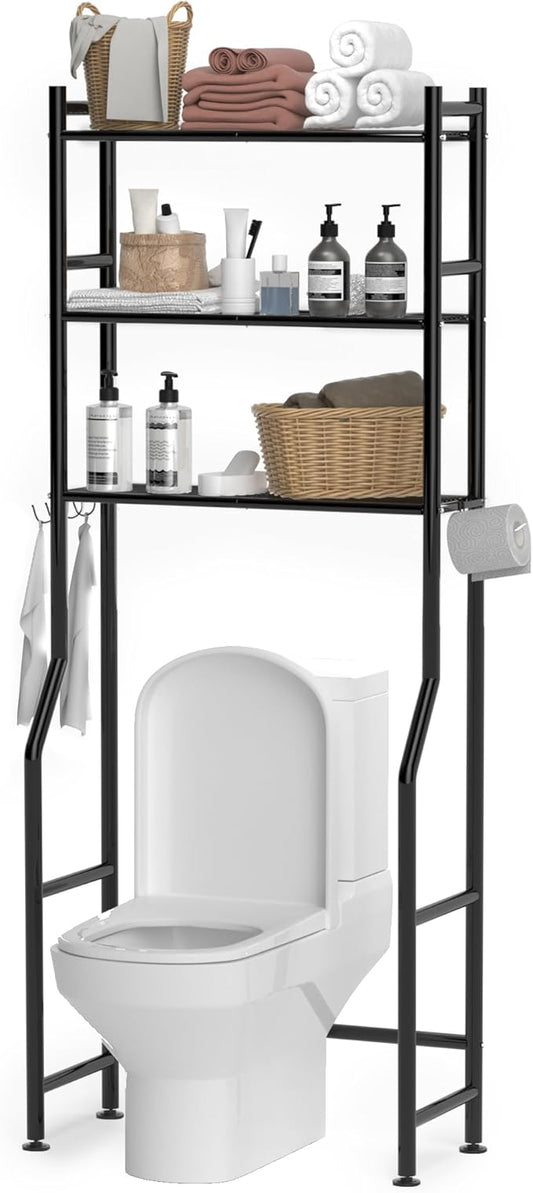 3-Tier Over The Toilet Storage, Space Saver Metal Bathroom Shelves, Freestanding Above Over Toilet Storage Shelf with 4 Hooks for Bathroom, Black