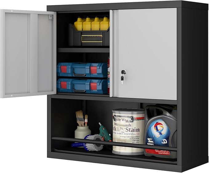 LUCYPAL Metal Wall Cabinet with Adjustable Shelf,Garage Wall Cabinets with Locking Doors and Open Storage,Steel Utility Storage Cabinets for Home Office,Warehouse,Black&Grey