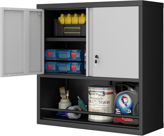 LUCYPAL Metal Wall Cabinet with Adjustable Shelf,Garage Wall Cabinets with Locking Doors and Open Storage,Steel Utility Storage Cabinets for Home Office,Warehouse,Black&Grey