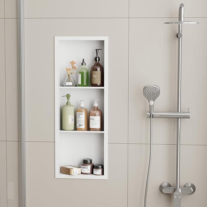 3-Tier Stainless Steel Shower Niche Insert, 36'' * 12'' No Tile Needed Bathroom Niche for Shower Wall, Recessed Wall Cabinet Shelves for Drywall, Living Room, in Wall Shower Shelves, White
