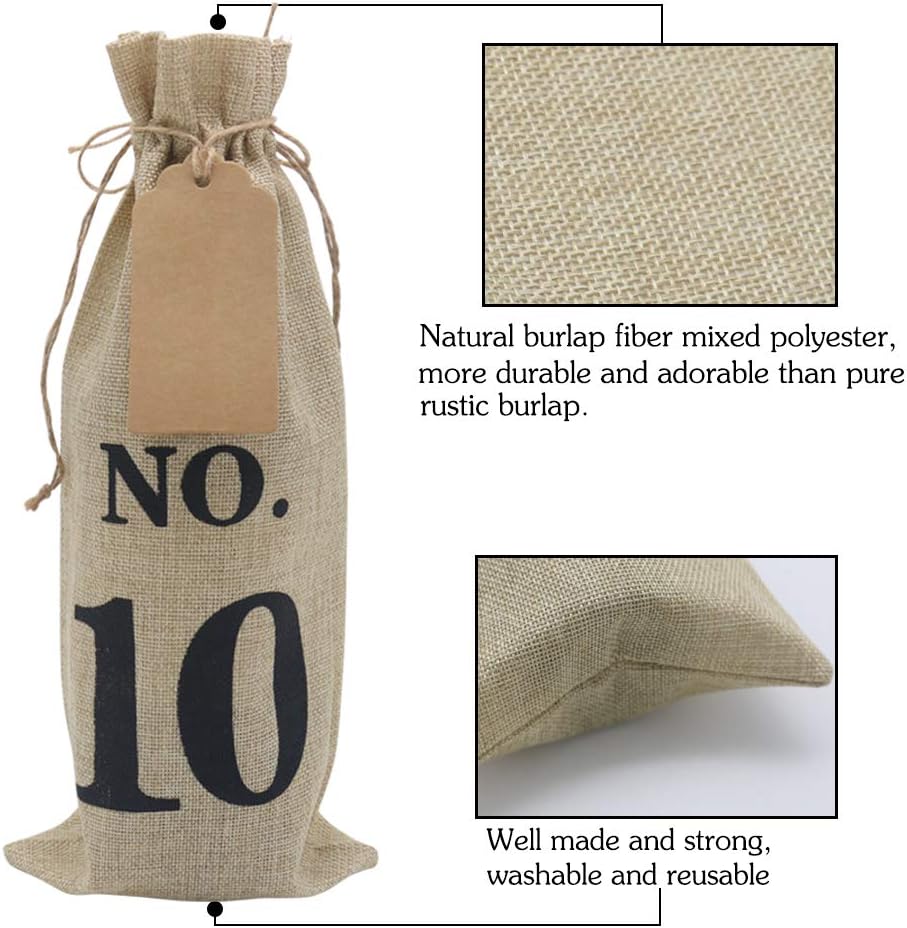 HRX Package 10pcs Burlap Wine Bags with Tags for Blind Wine Tasting, Numbered Hessian Cloth Glass Bottle Gift Bags for Christmas Wedding Party Decoration