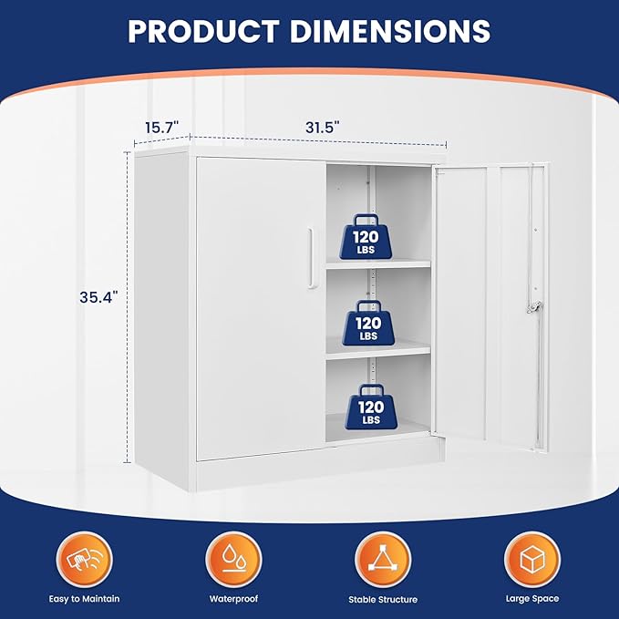 Yizosh Metal Garage Storage Cabinet with 2 Doors and 2 Adjustable Shelves - 35.5" Steel Lockable File Cabinet for Home Office,Garage,Gym,School (White)
