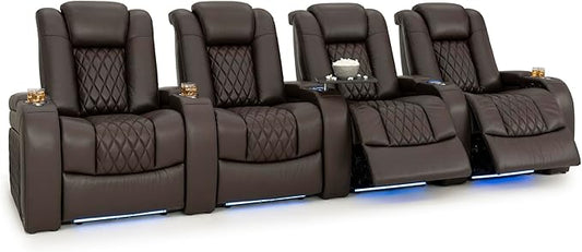 Seatcraft Diamante Zero-Gravity CoolZero Italian Leather Home Theater Seating, Power Headrest, Power Recline, Row of 4, Brown