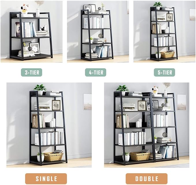 IOTXY 5 Tier Open Bookshelf - Steel and Wood Display Stand, 50CM Width Floor-Standing Bookcase, Black