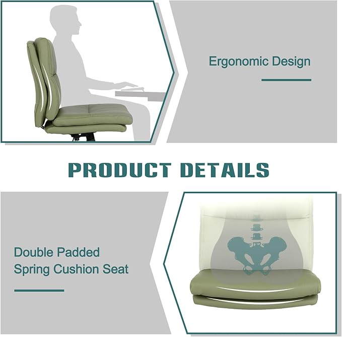 LUCKWIND Armless Office Desk Chair with Wheels, Mid-Back Criss Cross Swivel Task Chair, Height Adjustable Cushioned Vanity Chair, Double Padded PU-Leather Chairs for Home, Office & Bedroom (Green)