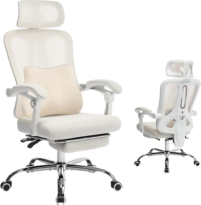 Ergonomic Office Chair, Adjustable Headrest and Lumbar Support, Retractable Footrest, Home Office Computer Executive Desk and Chair with Wheels for Home Office, Beige with Pillow