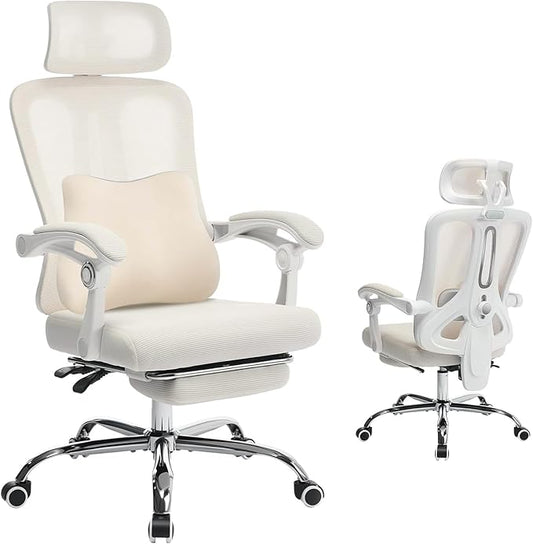 Ergonomic Office Chair, Adjustable Headrest and Lumbar Support, Retractable Footrest, Home Office Computer Executive Desk and Chair with Wheels for Home Office, Beige with Pillow