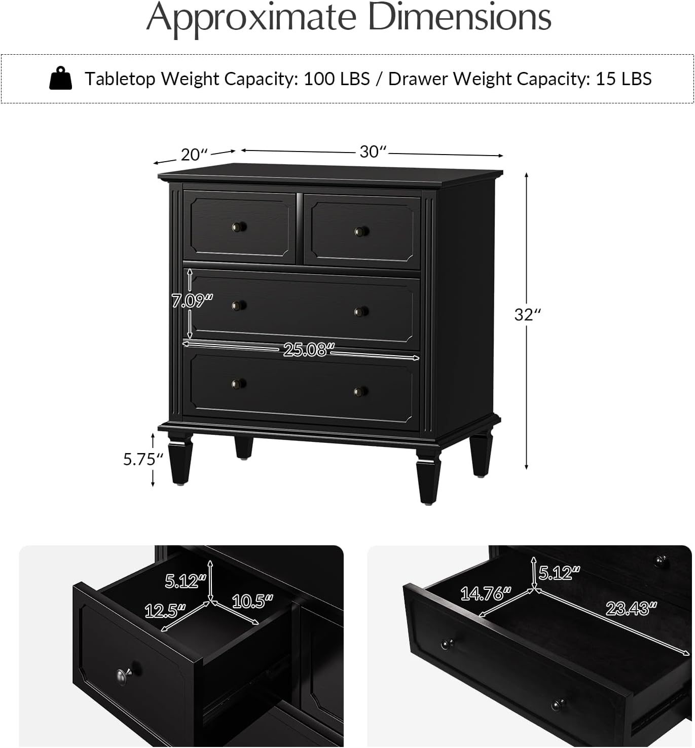 HULALA HOME Mid-Century Modern Nightstand with Charging Station and Divider Tray, 4-Drawer Bedside Table with Solid Wood Legs (Black)
