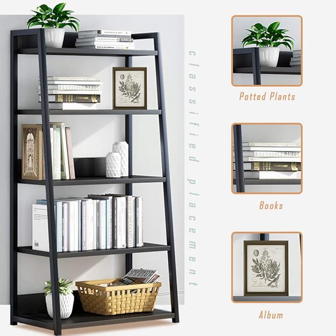 IOTXY 5 Tier Open Bookshelf - Steel and Wood Display Stand, 50CM Width Floor-Standing Bookcase, Black