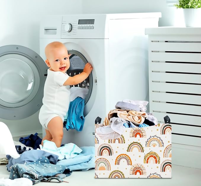 CLOCOR Rectangular Storage Basket Empty,Gift Basket for Kids,Waterproof Toy Bin with Handles,Room Decor(Boho Rainbow)