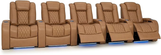 Seatcraft Diamante Zero-Gravity CoolZero Italian Leather Home Theater Seating, Power Headrest, Power Recline, Row of 5, Tan Oak