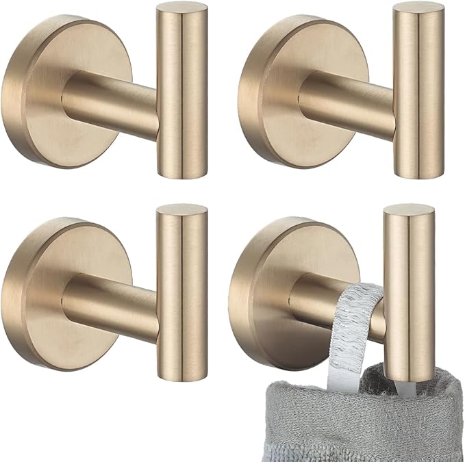 JQK Bathroom Towel Hook Champagne Bronze, Coat Robe Clothes Hook for Bathroom Wall Mounted (Pack of 4), SUS 304 Stainless Steel 0.8mm, TH100-CB-P4